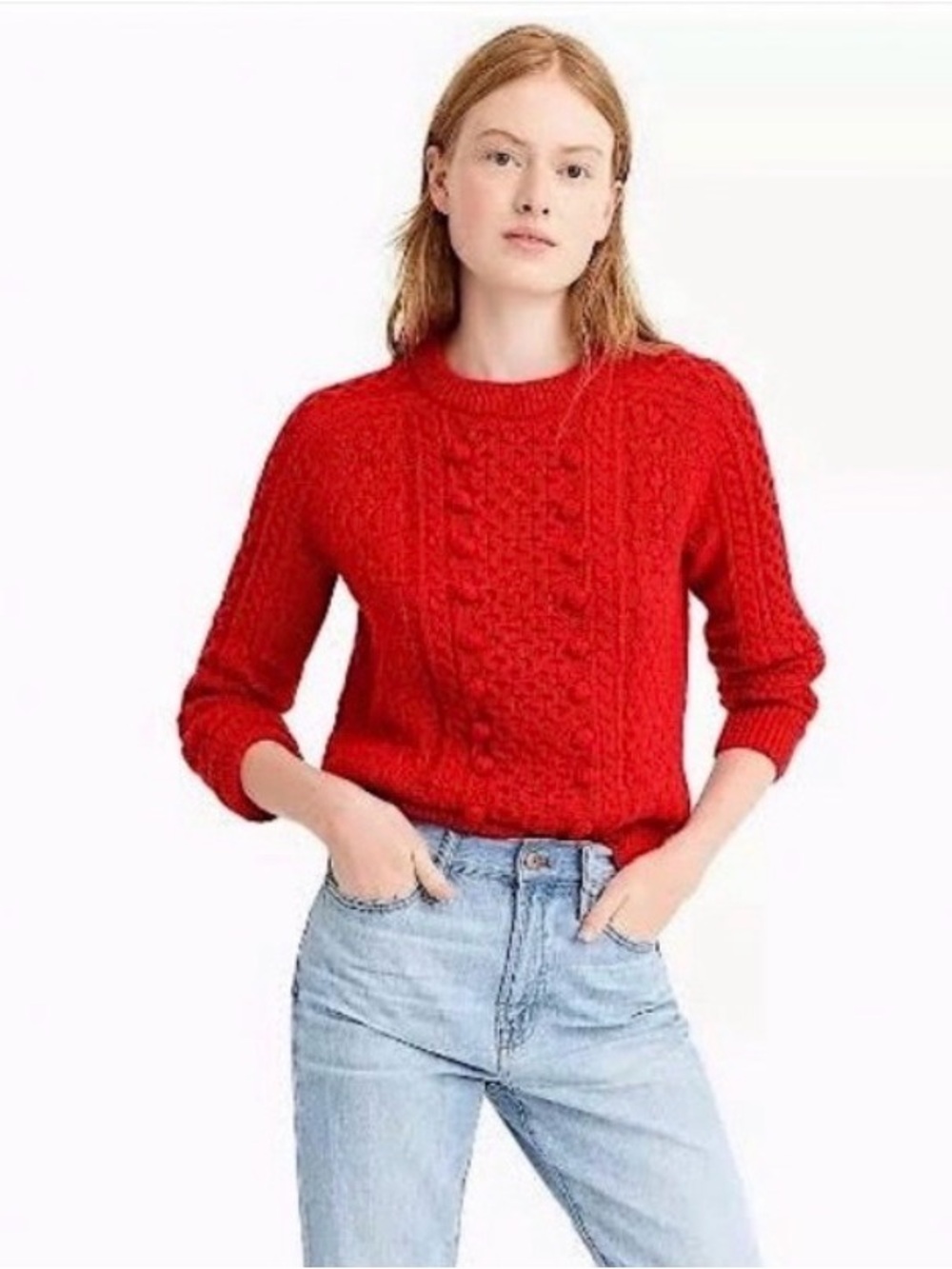 J. Crew Red Cable-Knit Sweater with pompoms wool blend size Small